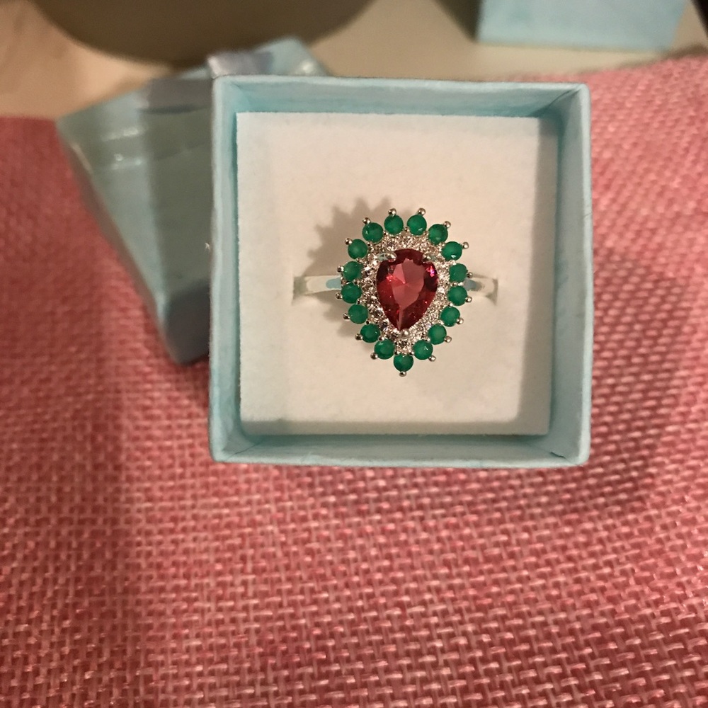 925 silver Emerald and Ruby ring